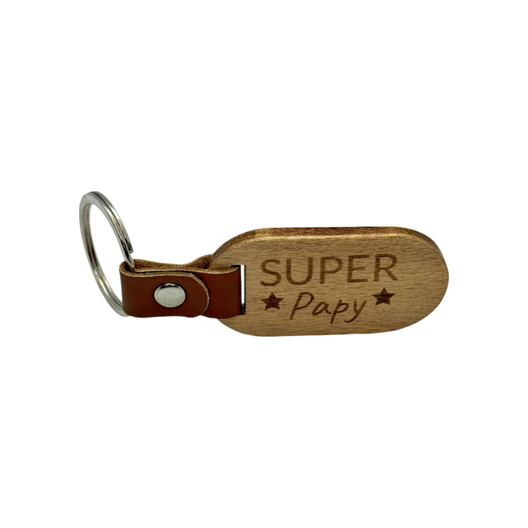 Porte-clés en bois gravé – Super Papy