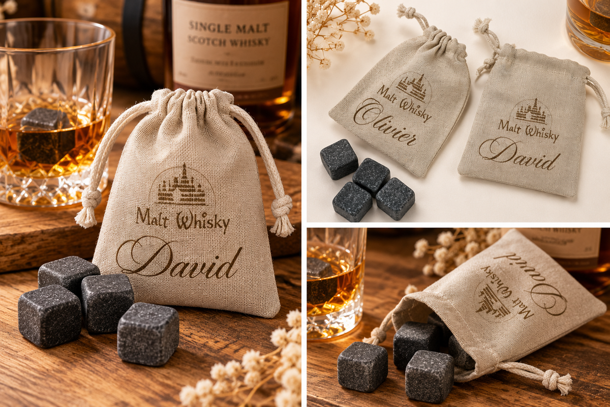 Pierres à whisky et pochette en lin gravée au prénom – photo 5