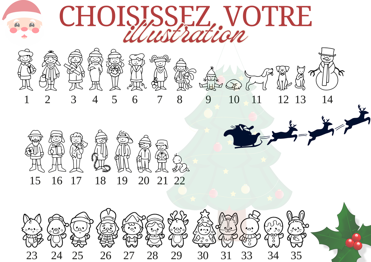 Illustrations de Noël numérotées de 1 à 35 à choisir pour chaque membre de la famille
