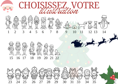 Illustrations de Noël numérotées de 1 à 35 à choisir pour chaque membre de la famille