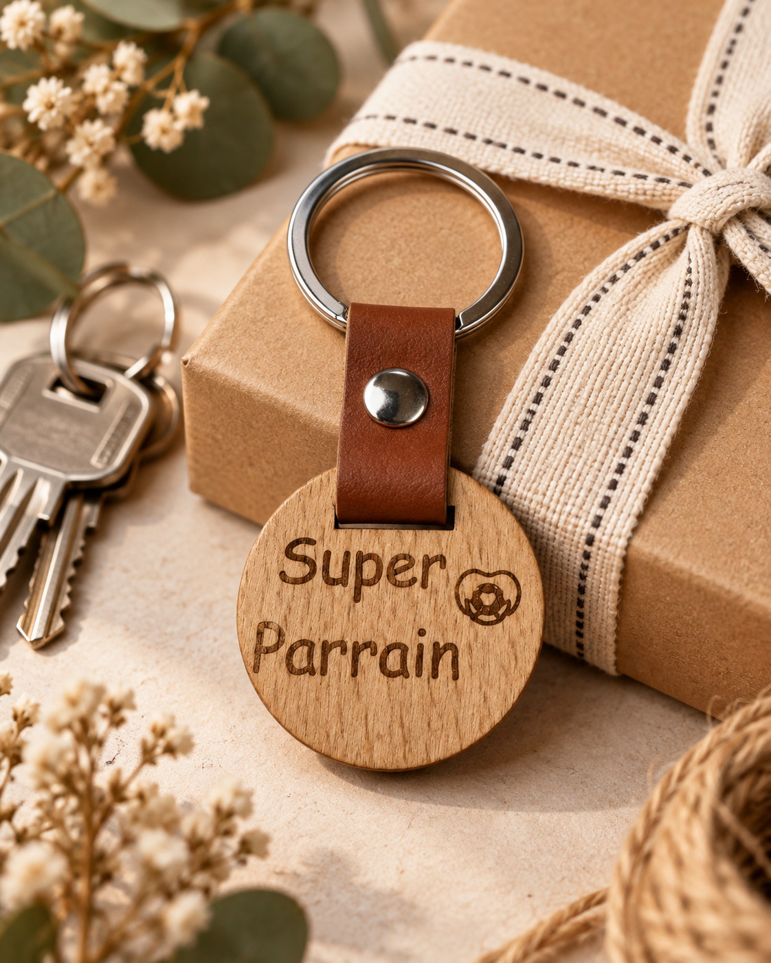 Porte-clés en bois gravé Super Parrain, cadeau emballé