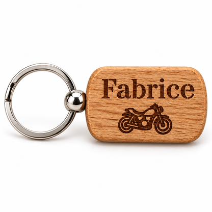 Porte-clés rectangle en bois gravé avec anneau, prénom Fabrice et moto