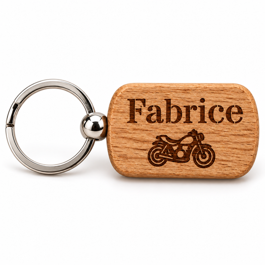 Porte-clés rectangle en bois gravé avec anneau, prénom Fabrice et moto