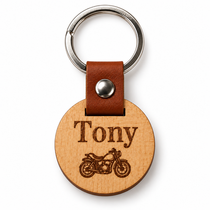 Porte-clés rond en bois gravé avec lanière cuir PU, prénom Tony et moto