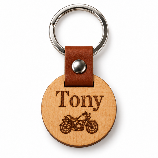 Porte-clés rond en bois gravé avec lanière cuir PU, prénom Tony et moto