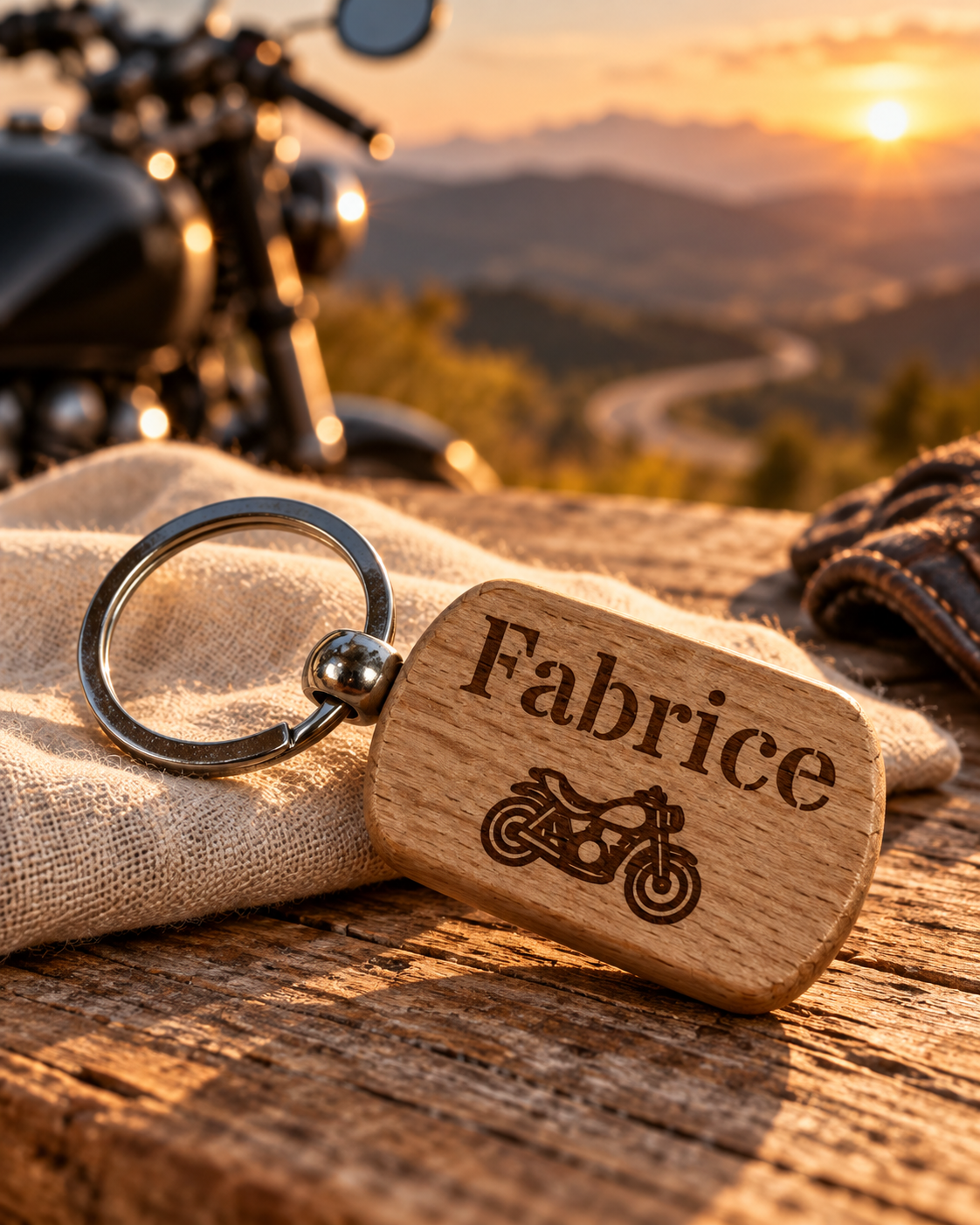 Porte-clés en bois gravé Fabrice avec illustration moto, ambiance route