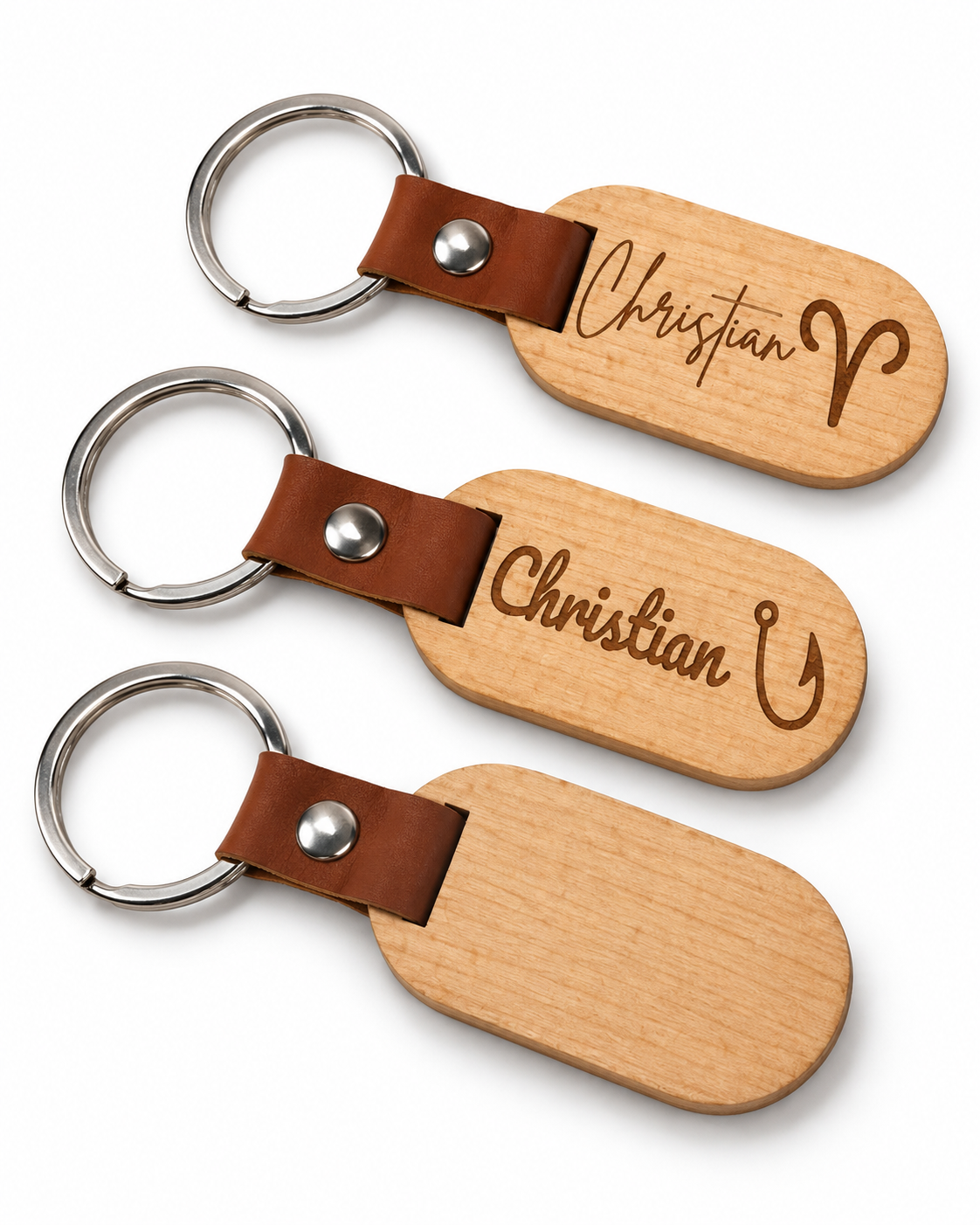 Porte-clés ovales en bois gravés Christian avec illustration, vue en biais