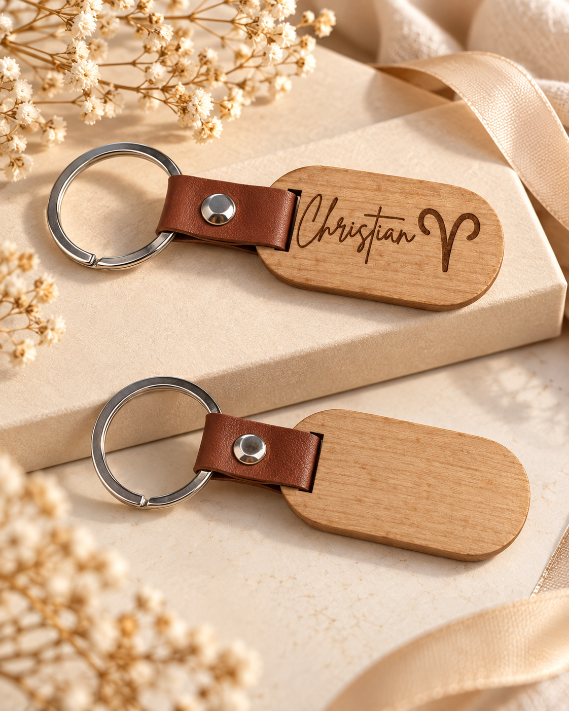 Porte-clés ovale en bois gravé Christian, ambiance cadeau