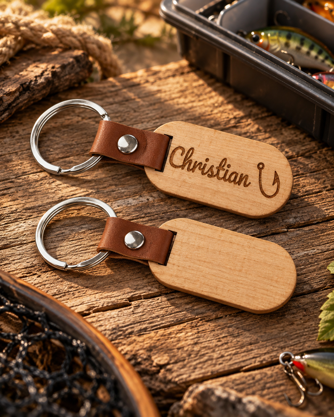 Porte-clés ovale en bois gravé Christian avec hameçon, ambiance pêche